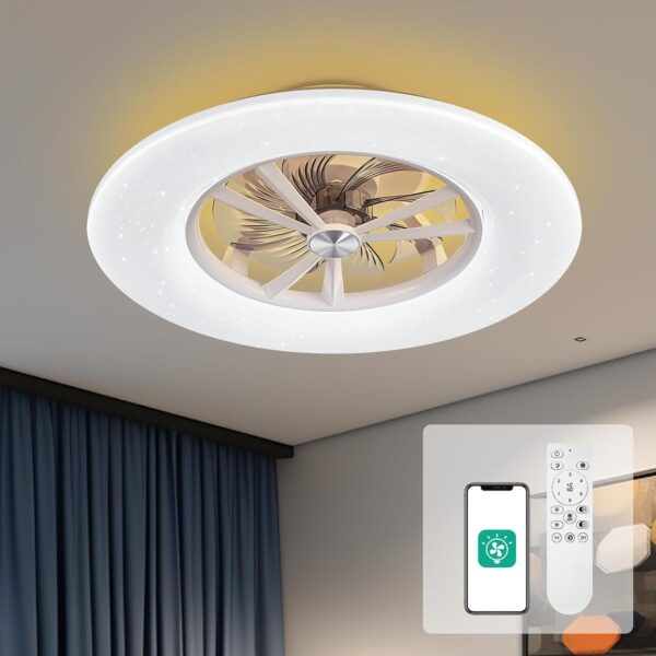 Ventilador de techo de perfil bajo de 24 pulgadas con luz, ventiladores de techo inteligentes con luz ambiental retroiluminada y control remoto