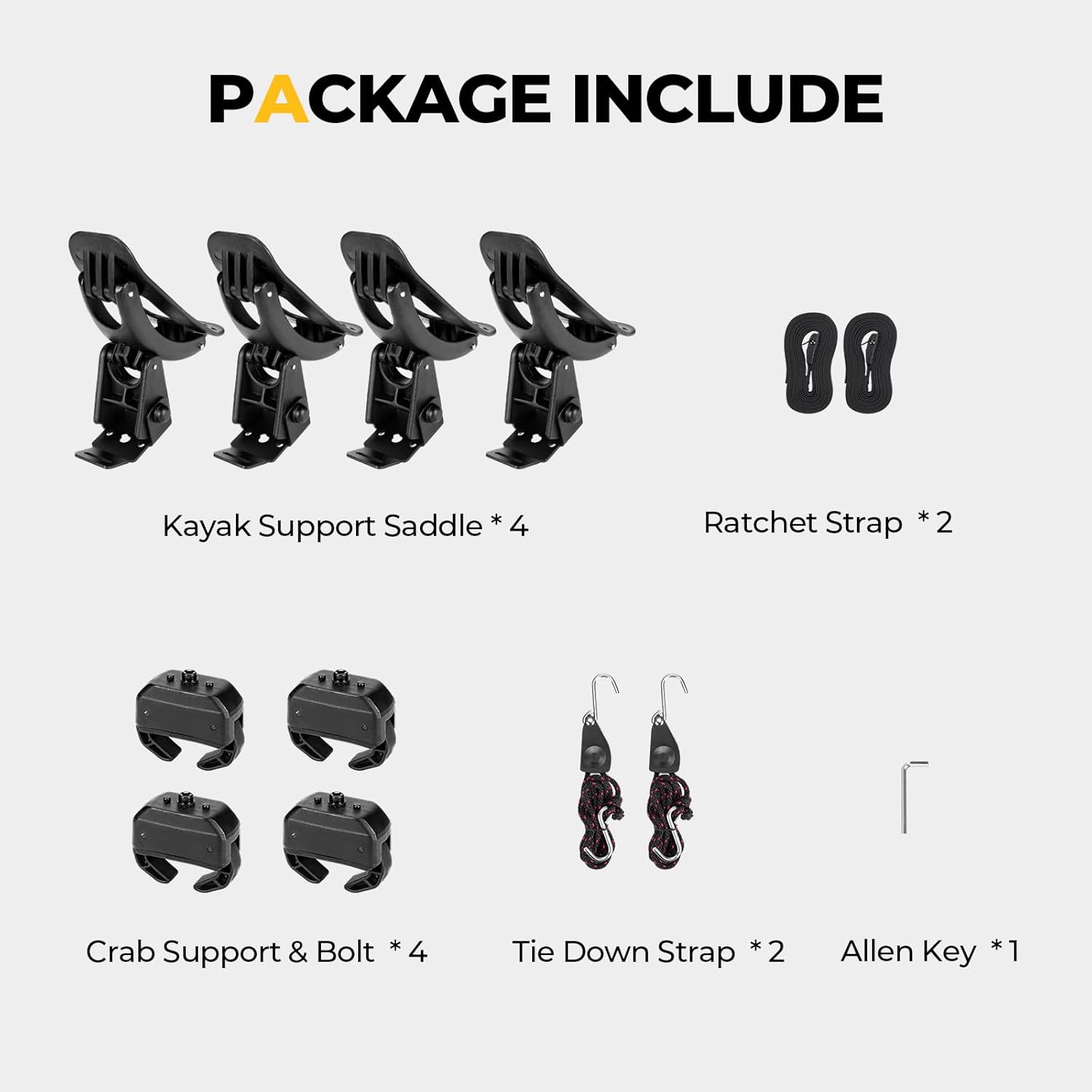 ougeRV - Sillines de techo para kayak, kit de montaje en techo de cangrejo, se adapta a la mayoría de barras cruzadas de coche, SUV, camión, tabla de surf con correas de amarre, correa de carraca. - Image 4