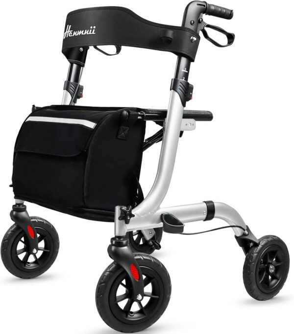 Henmnii Andador Con Ruedas Para Personas Mayores, Andador Ligero Y Plegable Para Todo Terreno Con Asiento, Andadores De Aluminio Con Ruedas De Goma De 8", Manijas Y Respaldo Para Personas Mayores.