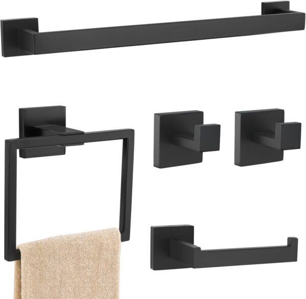 Juego de 5 piezas de accesorios de baño negro mate, SUS304 de acero inoxidable montado en la pared de 23.6 pulgadas, juego de toallas de baño.
