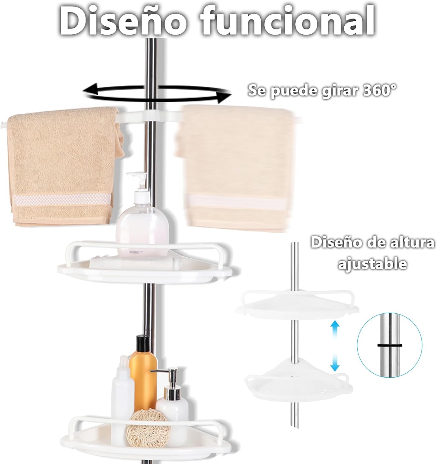 Estante de Ducha Telescópico y Ajustable de 4 plantas, estante de baño de esquina ajustable de 120cm-320cm de altura. con cerca,ganchos y Toallero giratorio de 360°,carga de una sola capa de 4,5 kg - Image 5