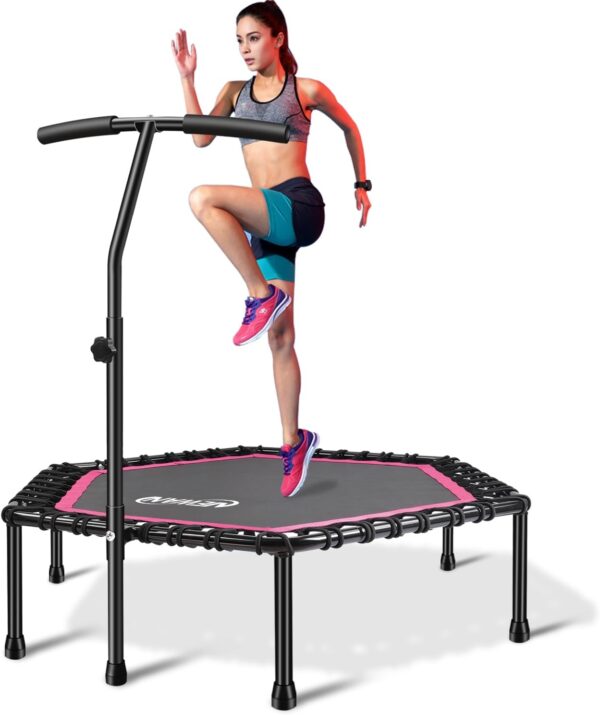 Trampolín de fitness de 48 pulgadas con barra de mango ajustable, cama elástica silenciosa, rebote, salto, entrenamiento cardiovascular, entrenamiento para adultos, límite máximo de 350 libras.