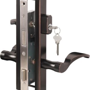 House Guard - Sistema de manijas para puerta de patio con bisagras con mango de palanca, juego de cerradura de mortaja universal para puertas de entrada izquierda y derecha (bronce aceitado).