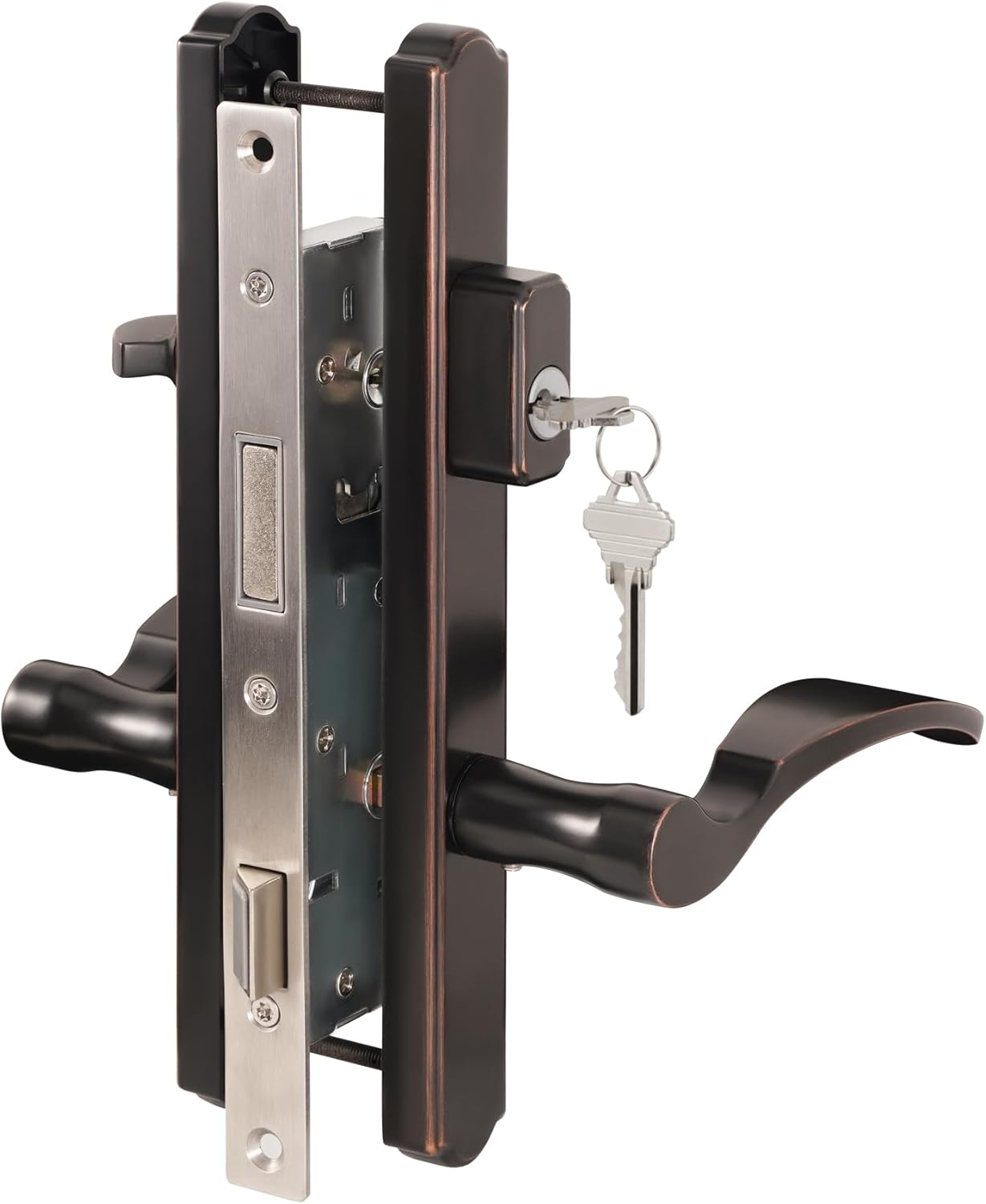 House Guard - Sistema de manijas para puerta de patio con bisagras con mango de palanca, juego de cerradura de mortaja universal para puertas de entrada izquierda y derecha (bronce aceitado).