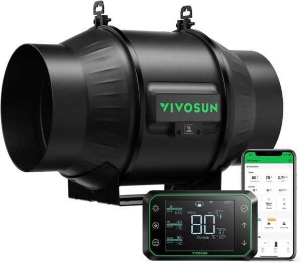 Ventilador de conducto en línea, silencioso ventilador de escape de ventilación 408 CFM de 6 pulgadas con motor EC y driver WiFi GrowHub E42A de temperatura y humedad