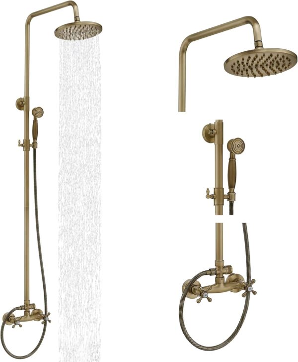 BWE Accesorios de ducha antiguos para exteriores, cabezal de ducha de lluvia de 8 pulgadas con rociador de mano, sistema de ducha de baño de dos asas, juego de grifo de ducha expuesto.