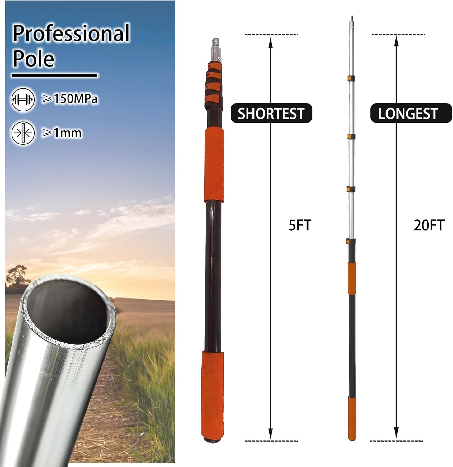 Poste de extensión telescópico, alcance hasta 26 pies, poste extensible multiusos, 5-20 pies, ligero, resistente con punta de metal universal giratorio para pintar el polvo y limpiar ventanas. - Image 3