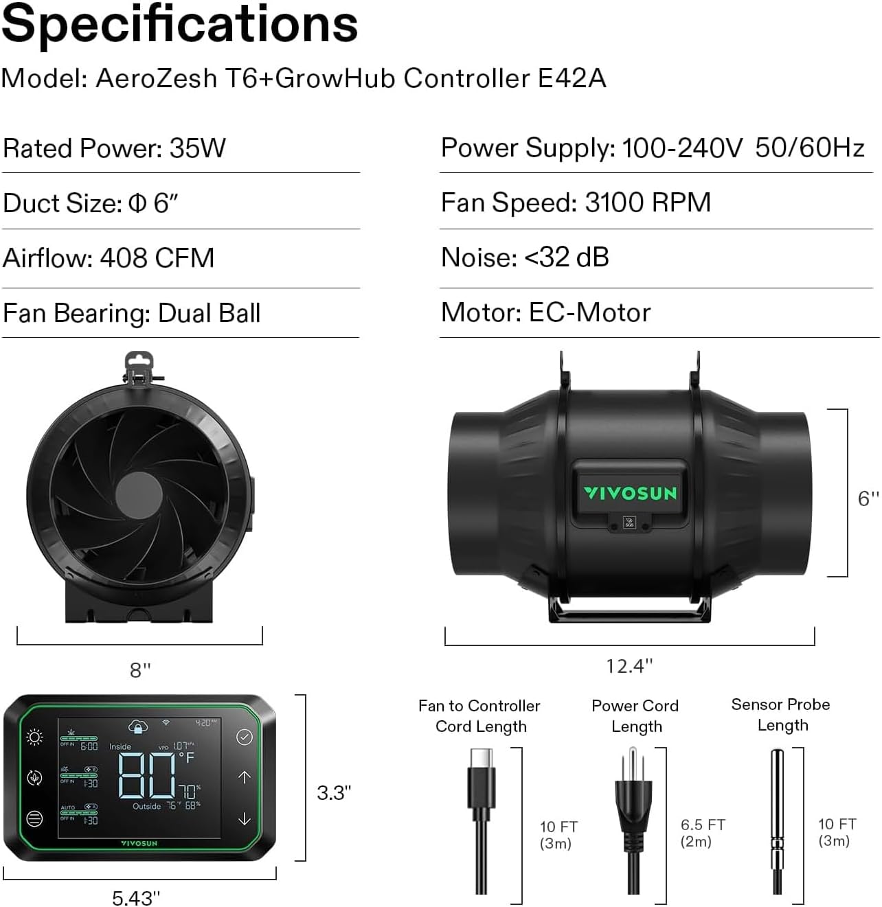 VIVOSUN AeroZesh T6 Ventilador de conducto en línea, silencioso ventilador de escape de ventilación 408 CFM de 6 pulgadas con motor EC y driver WiFi GrowHub E42A de temperatura y humedad - Image 4