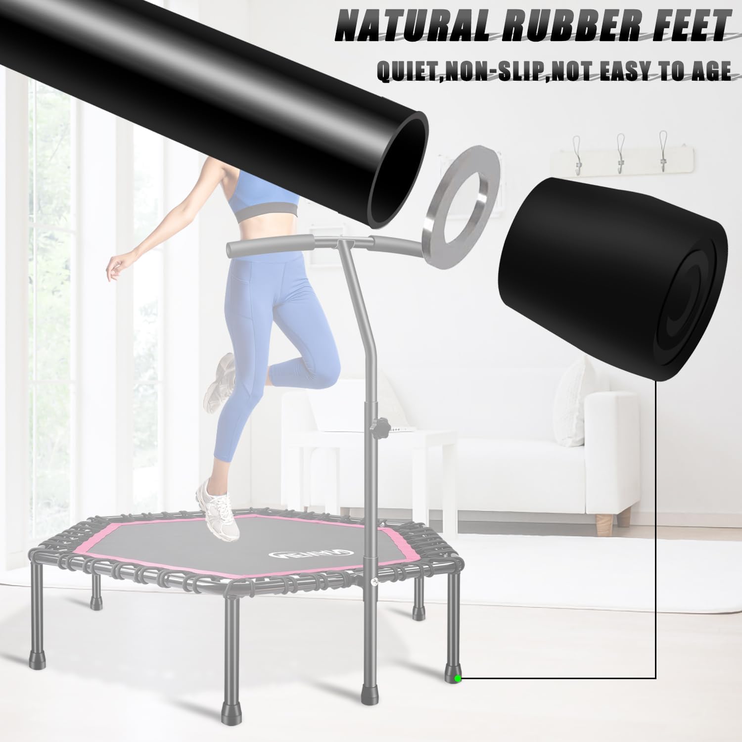 Trampolín de fitness de 48 pulgadas con barra de mango ajustable, cama elástica silenciosa, rebote, salto, entrenamiento cardiovascular, entrenamiento para adultos, límite máximo de 350 libras. - Image 6