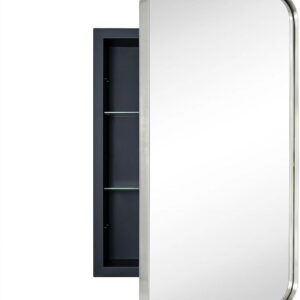 clóset de baño rectangular empotrado de níquel cepillado con espejo, acero inoxidable, marco de metal, rectangular, redondeado, con espejo, 16 x 24 pulgadas
