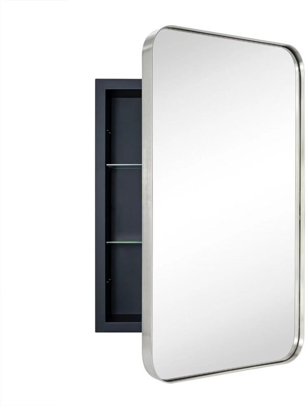 clóset de baño rectangular empotrado de níquel cepillado con espejo, acero inoxidable, marco de metal, rectangular, redondeado, con espejo, 16 x 24 pulgadas