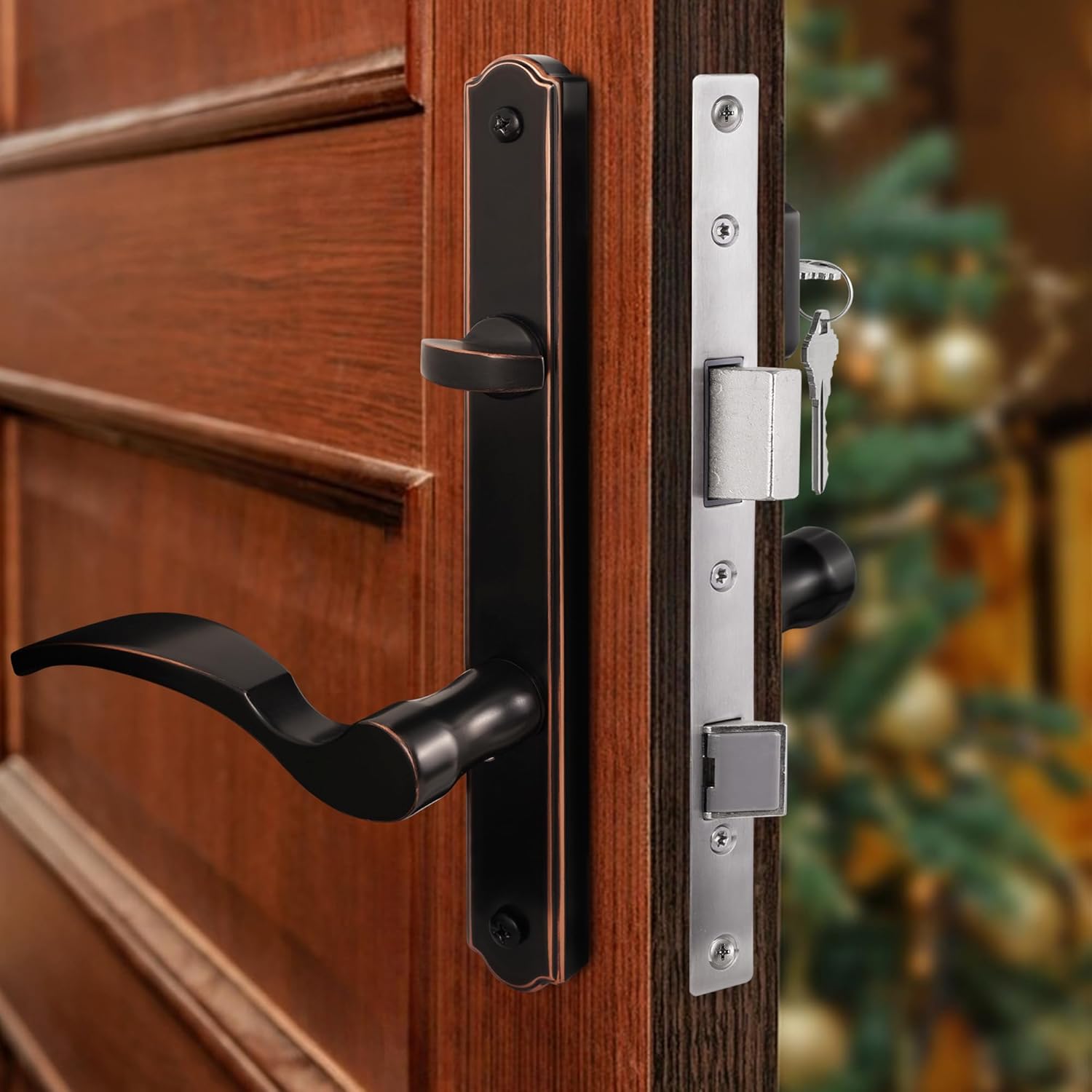 House Guard - Sistema de manijas para puerta de patio con bisagras con mango de palanca, juego de cerradura de mortaja universal para puertas de entrada izquierda y derecha (bronce aceitado). - Image 6