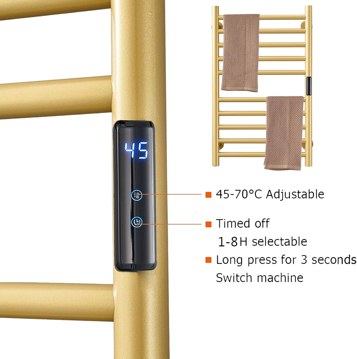 DUDYP Calentador de toallas con calefacción dorada, accesorios de baño, temporizador integrado, control de temperatura, 10 barras, toalleros eléctricos calentados para baño, calentador de toallas de acero inoxidable. - Image 5