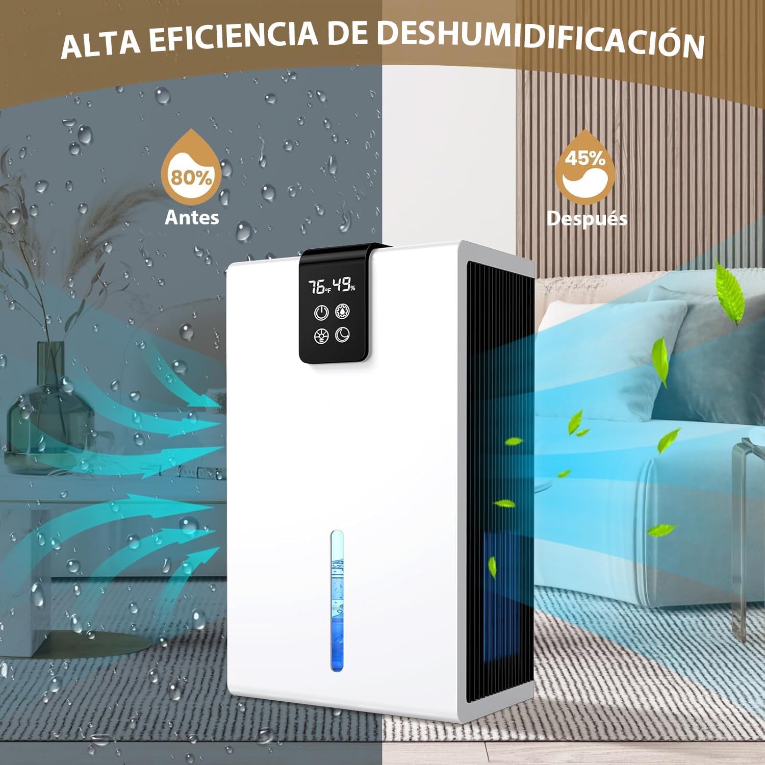 Deshumidificador Avanzado para Hogar, 2.8L, 1000 Pies Cuadrados, con Apagado Automático, Luz LED de 7 Colores, para Dormitorio, Baño, y Más - Silencioso, Portátil y Compacto - Image 4