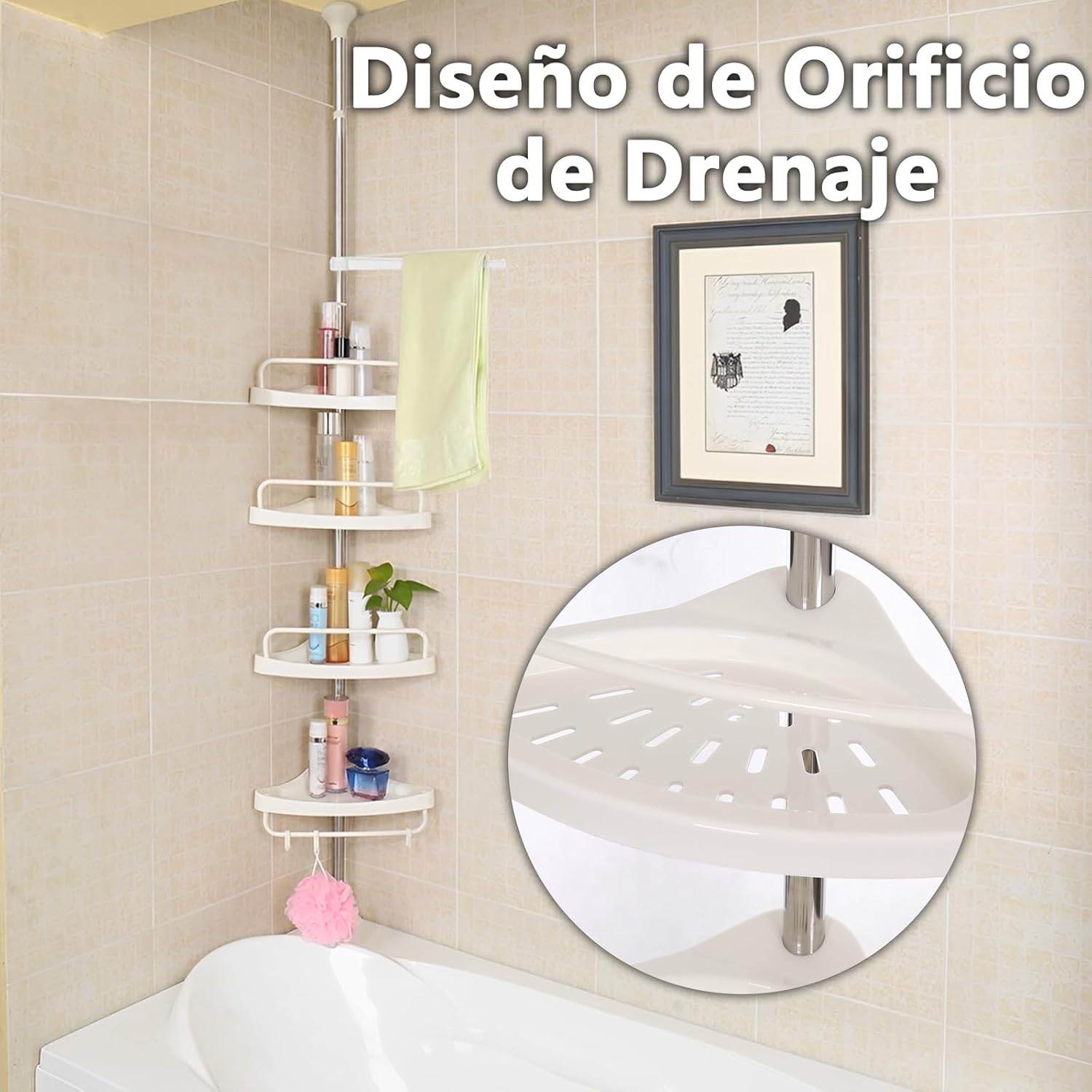 Estante de Ducha Telescópico y Ajustable de 4 plantas, estante de baño de esquina ajustable de 120cm-320cm de altura. con cerca,ganchos y Toallero giratorio de 360°,carga de una sola capa de 4,5 kg - Image 4