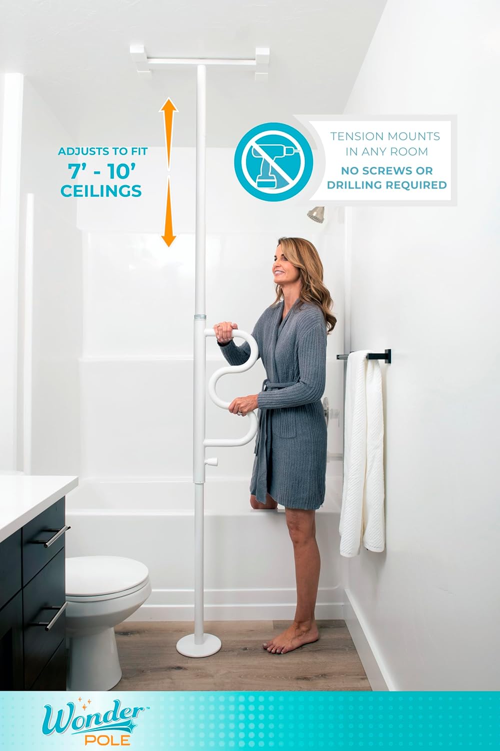 Barra de seguridad y barra de apoyo curva Stander - Barra de transferencia de piso a techo con montaje a tensión y ayuda para permanecer de pie con manija de seguridad multiposición + Se adapta a techos de 7 a 10" + Garantía de por vida, color blanco iceberg. - Image 3