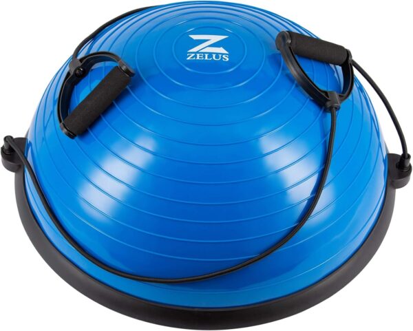 ZELUS Media Pelota de Equilibrio de Equilibrio con Bandas de Resistencia y Bomba de Pie, Pelota de Yoga Inflable para Entrenamientos de Gimnasio en Casa, 60 CM de Bola de Equilibrio.