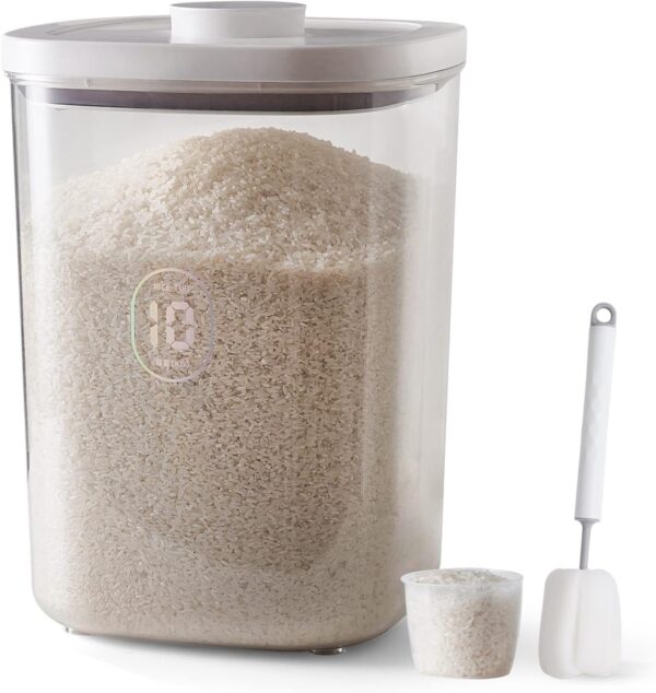 LivLab Dispensador de arroz de 20 a 25 libras, contenedor de arroz de 10.5 cuartos de galón/10 l/22-25 libras con taza medidora y cepillo para polvo, contenedor de cereales para alimentos.