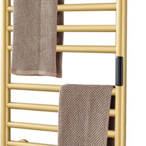 DUDYP Calentador de toallas con calefacción dorada, accesorios de baño, temporizador integrado, control de temperatura, 10 barras, toalleros eléctricos calentados para baño, calentador de toallas de acero inoxidable.