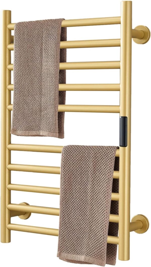 DUDYP Calentador de toallas con calefacción dorada, accesorios de baño, temporizador integrado, control de temperatura, 10 barras, toalleros eléctricos calentados para baño, calentador de toallas de acero inoxidable.