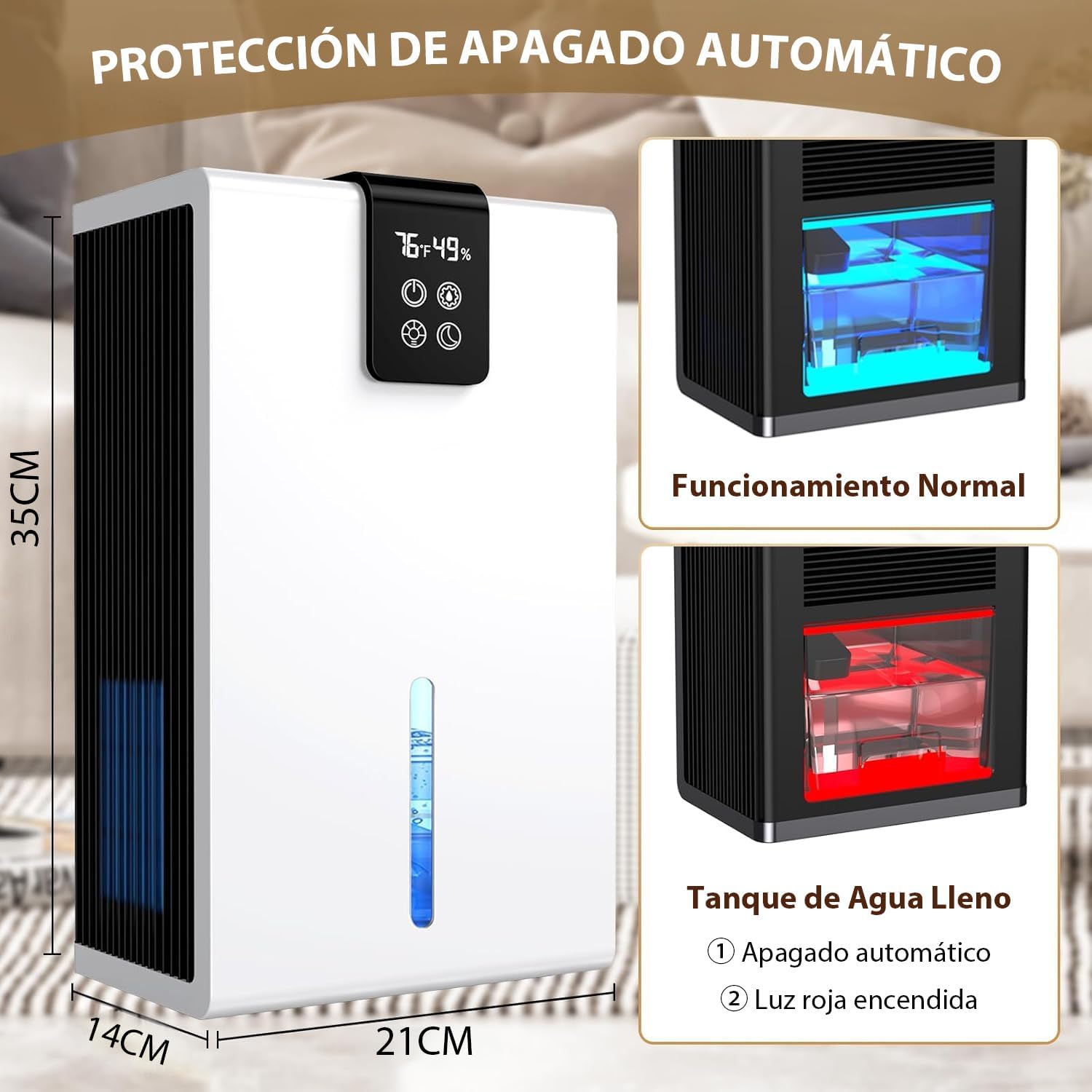 Deshumidificador Avanzado para Hogar, 2.8L, 1000 Pies Cuadrados, con Apagado Automático, Luz LED de 7 Colores, para Dormitorio, Baño, y Más - Silencioso, Portátil y Compacto - Image 2