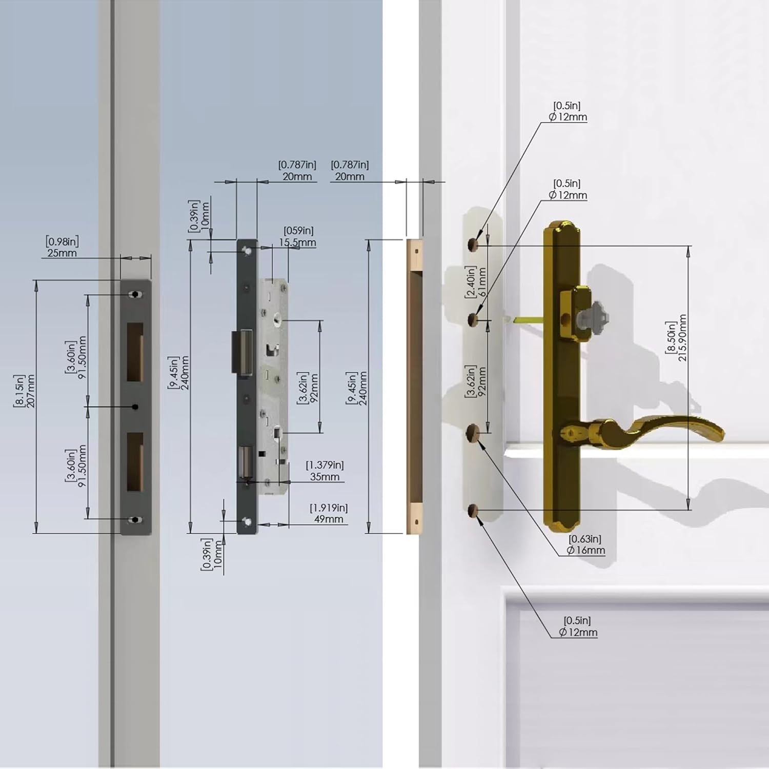 House Guard - Sistema de manijas para puerta de patio con bisagras con mango de palanca, juego de cerradura de mortaja universal para puertas de entrada izquierda y derecha (bronce aceitado). - Image 5