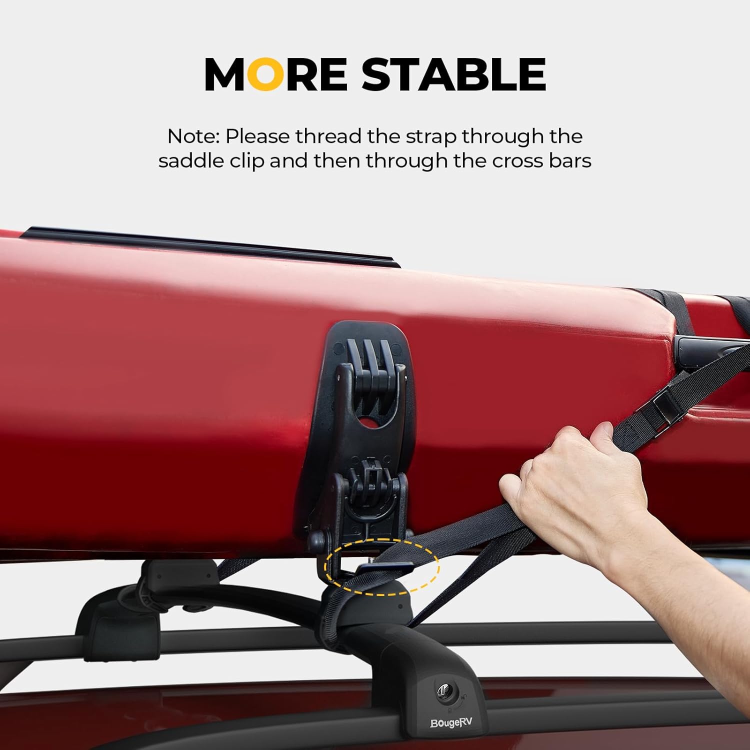 ougeRV - Sillines de techo para kayak, kit de montaje en techo de cangrejo, se adapta a la mayoría de barras cruzadas de coche, SUV, camión, tabla de surf con correas de amarre, correa de carraca. - Image 6