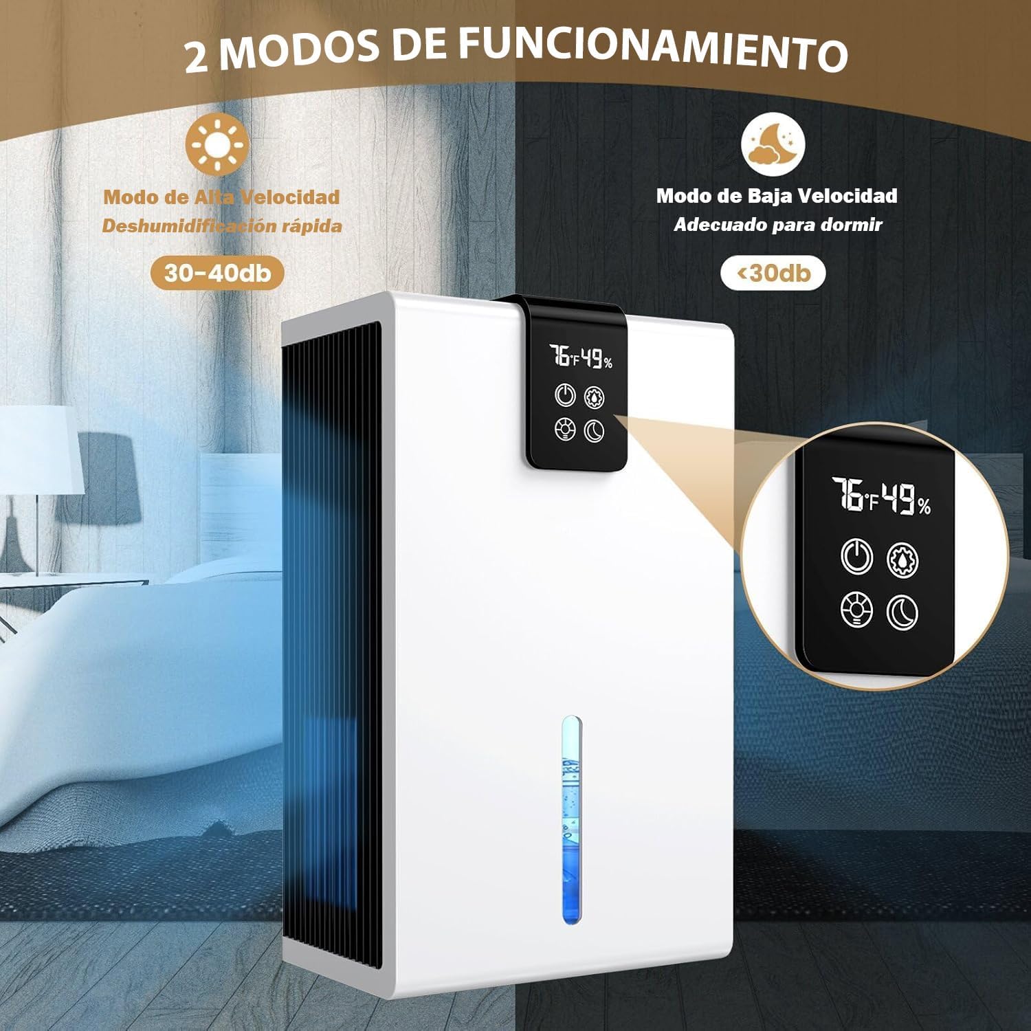 Deshumidificador Avanzado para Hogar, 2.8L, 1000 Pies Cuadrados, con Apagado Automático, Luz LED de 7 Colores, para Dormitorio, Baño, y Más - Silencioso, Portátil y Compacto - Image 3