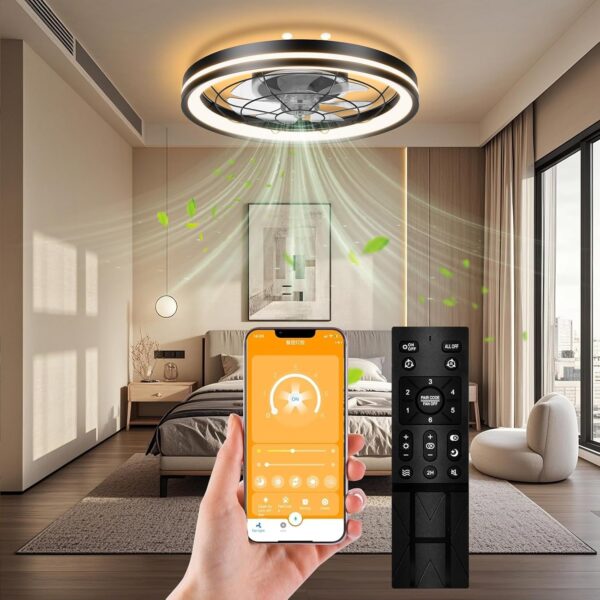 Ventilador de techo de perfil bajo con luz y mando a distancia, ventilador de techo para recámara sin aspas con luz, ventilador de techo pequeño de 20 pulgadas
