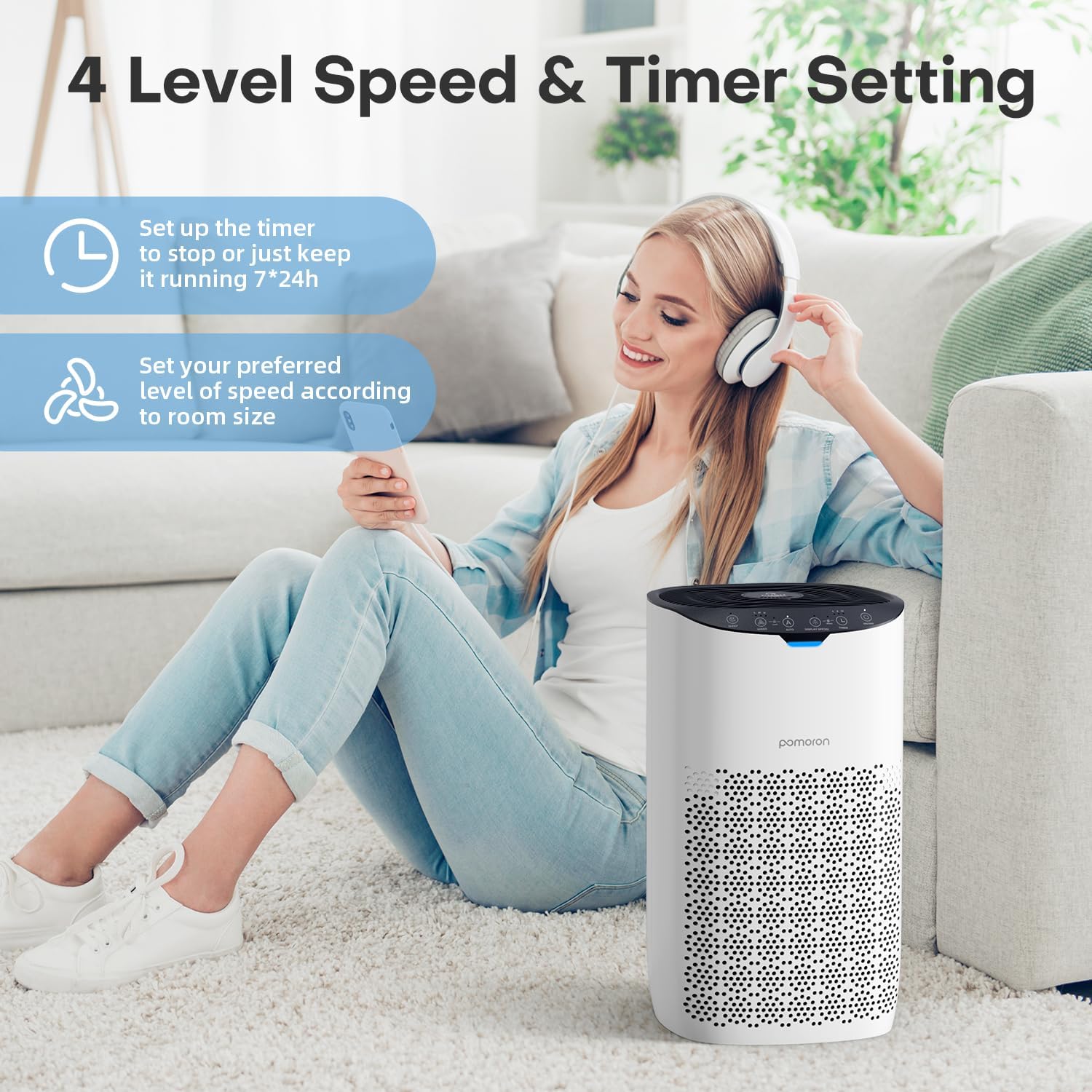 Purificadores de aire POMORON para habitaciones grandes domésticas de hasta 1500 pies² con sensor de calidad del aire y modo automático, UV, Effi Alto rendimiento: para habitaciones grandes de hasta 1500 pies ²: el purificador de aire Pomoron modelo MJ003HD de alto rendimiento para el hogar está diseñado con una entrada de aire lateral doble y un conducto de aire de gran tamaño, - Image 3