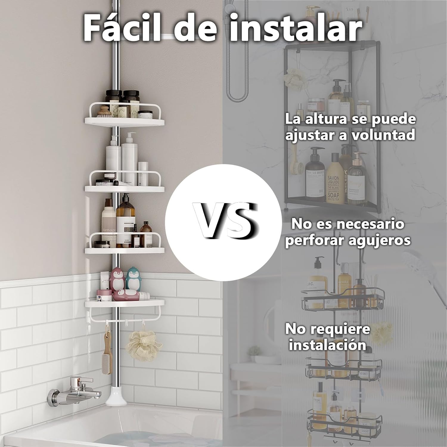 Estante de Ducha Telescópico y Ajustable de 4 plantas, estante de baño de esquina ajustable de 120cm-320cm de altura. con cerca,ganchos y Toallero giratorio de 360°,carga de una sola capa de 4,5 kg - Image 6