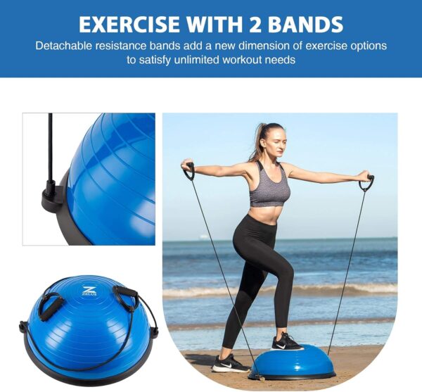 ZELUS Media Pelota de Equilibrio de Equilibrio con Bandas de Resistencia y Bomba de Pie, Pelota de Yoga Inflable para Entrenamientos de Gimnasio en Casa, 60 CM de Bola de Equilibrio. - Image 4