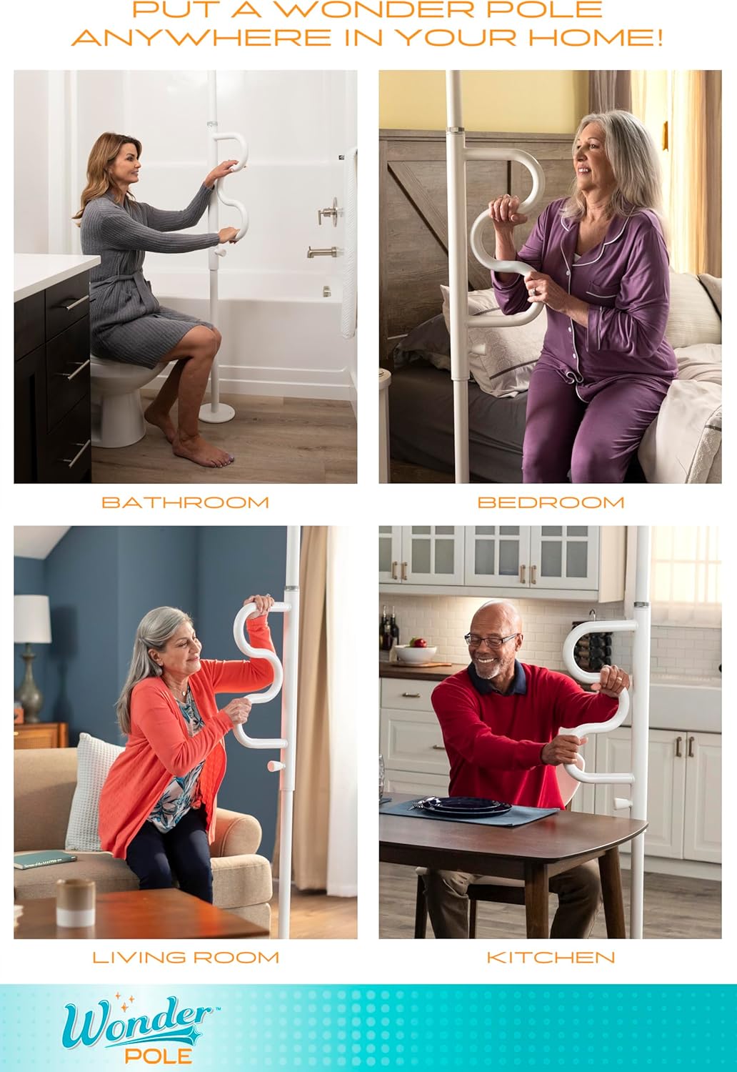 Barra de seguridad y barra de apoyo curva Stander - Barra de transferencia de piso a techo con montaje a tensión y ayuda para permanecer de pie con manija de seguridad multiposición + Se adapta a techos de 7 a 10" + Garantía de por vida, color blanco iceberg. - Image 4