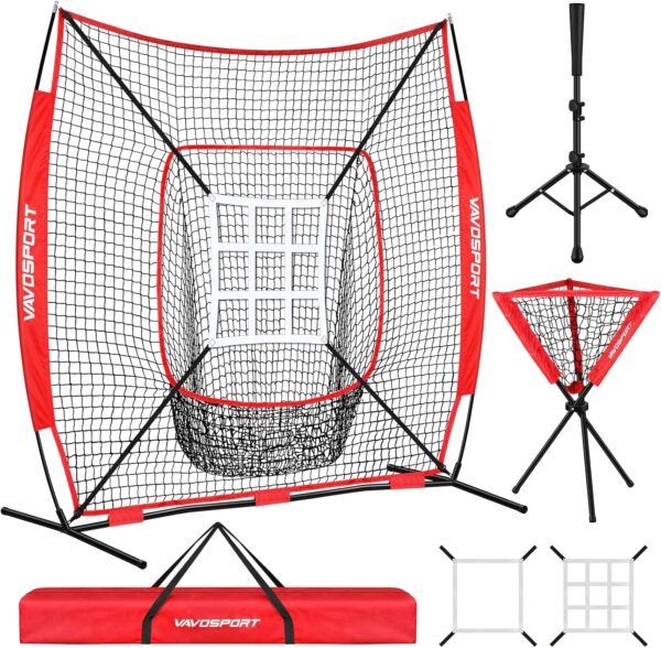 Juego de red de béisbol de 7 x 7 pies, red portátil de sóftbol y béisbol para golpear y lanzar, playera de bateo de béisbol, carrito de pelota, zona de huelga, equipo de entrenamiento