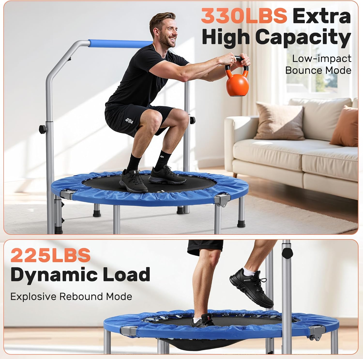 Mini cama elástica plegable de 40/48 pulgadas, rebote de fitness con mango de espuma ajustable, cama elástica de ejercicio para adultos en interiores y jardín, - Image 5