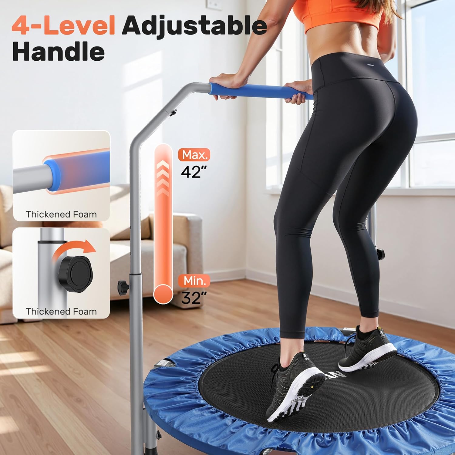 Mini cama elástica plegable de 40/48 pulgadas, rebote de fitness con mango de espuma ajustable, cama elástica de ejercicio para adultos en interiores y jardín, - Image 3