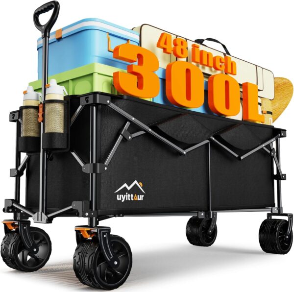 Uyittour - Vagón plegable extragrande de 300 L, capacidad de carga de 48 pulgadas de largo, carro de playa plegable de alta resistencia con ruedas grandes todo terreno, carrito de jardín.