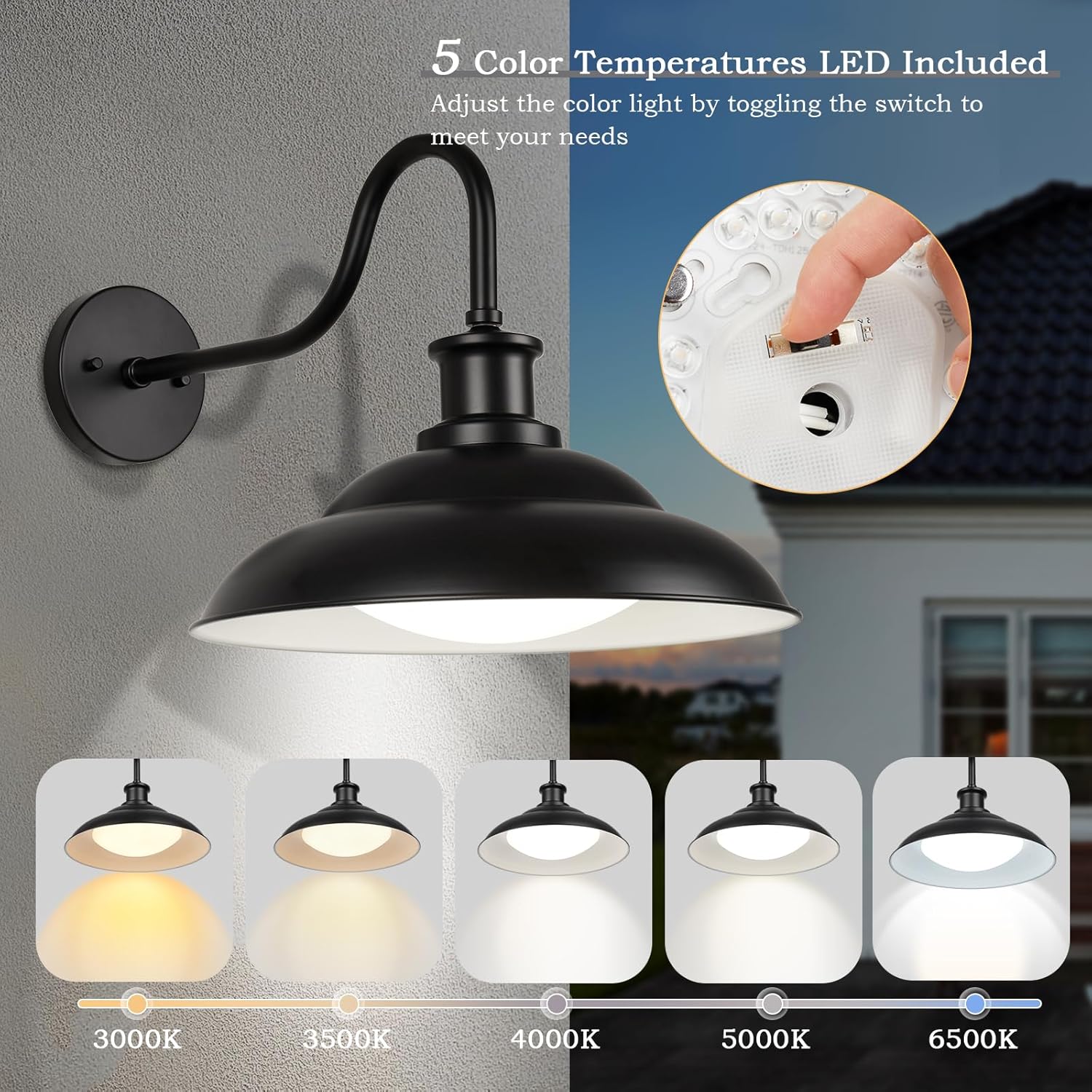 Luces LED de granero para exteriores, cúpula grande de 16 pulgadas con cuello de cisne de granja con temperatura de color ajustable. - Image 2