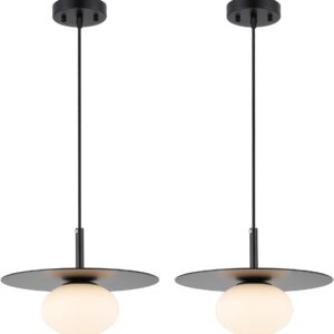 BYOLIIMA. Juego de 2 lámparas colgantes de globo moderno con pantalla de vidrio blanco lechoso negro mate, lámpara colgante de granja de 11.81 pulgadas, cúpula industrial colgante de techo.