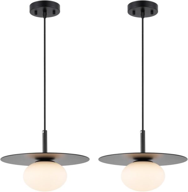 Juego de 2 lámparas colgantes de globo moderno con pantalla de vidrio blanco lechoso negro mate, lámpara colgante de granja de 11.81 pulgadas, cúpula industrial colgante de techo.
