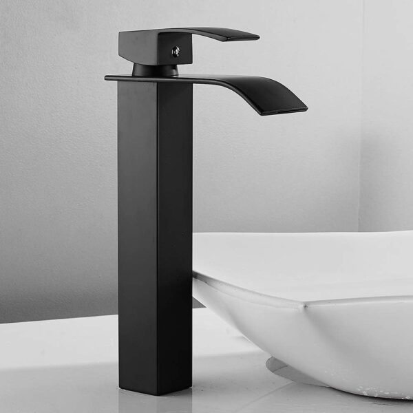 Grifo Monomando Mezclador Alto Grifo para Lavabo de Baño en Cascada Estilo Moderno Sencillo Agua Caliente y Fría para Baño y Cocina (Negro).
