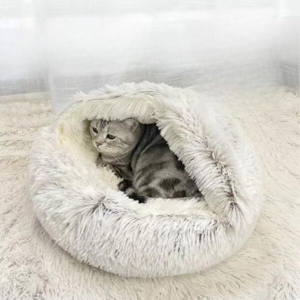 Cama para gatos, redonda y esponjosa, con capucha, para gatos, cama tipo cueva antiansiedad con manta con capucha, acogedora cama para mascotas para cachorros, parte inferior antideslizante y lavable.