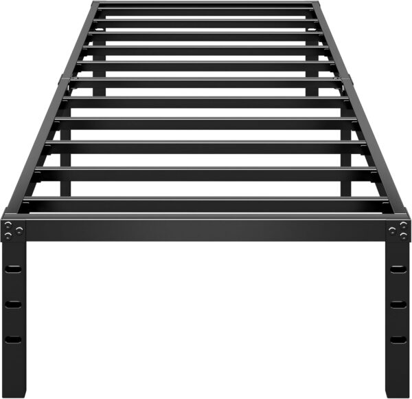 Base de cama de plataforma de metal de 18 pulgadas de alto, no necesita somier, cama de tamaño individual con listones de soporte fuertes resistentes, fácil de montar.