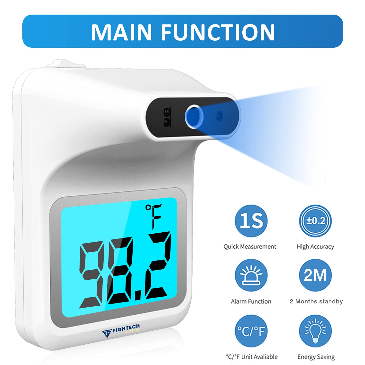 FIGHTECH. Termómetro de pared 2021 con soporte | Termómetro infrarrojo montado en la frente con trípode | Detector de temperatura digital Bluetooth sin contacto de lectura instantánea | Pilas incluidas (blanco). - Image 4