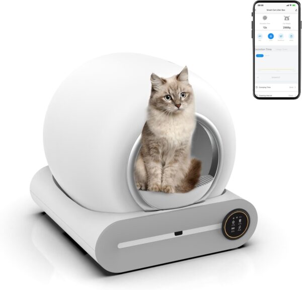 Caja de arena autolimpiante para gatos, robot inteligente automático, control de aplicación, gran capacidad de 65 L + 9 L, diseño a prueba de fugas, detección de infrarrojos, sensores de peso.