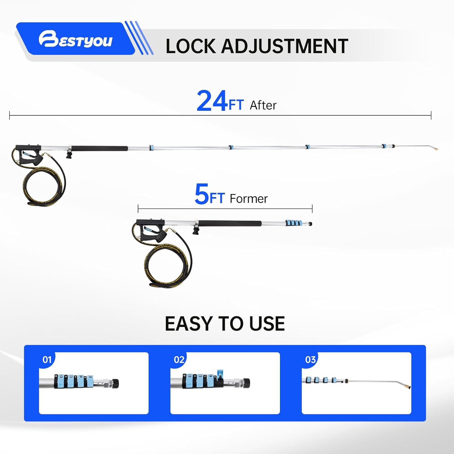 Varita telescópica para lavadora a presión de 24 pies con varita de extensión de lavadora a presión, herramienta limpiadora de canalones, 5 puntas de boquilla de pulverización, 2 adaptadores. - Image 5