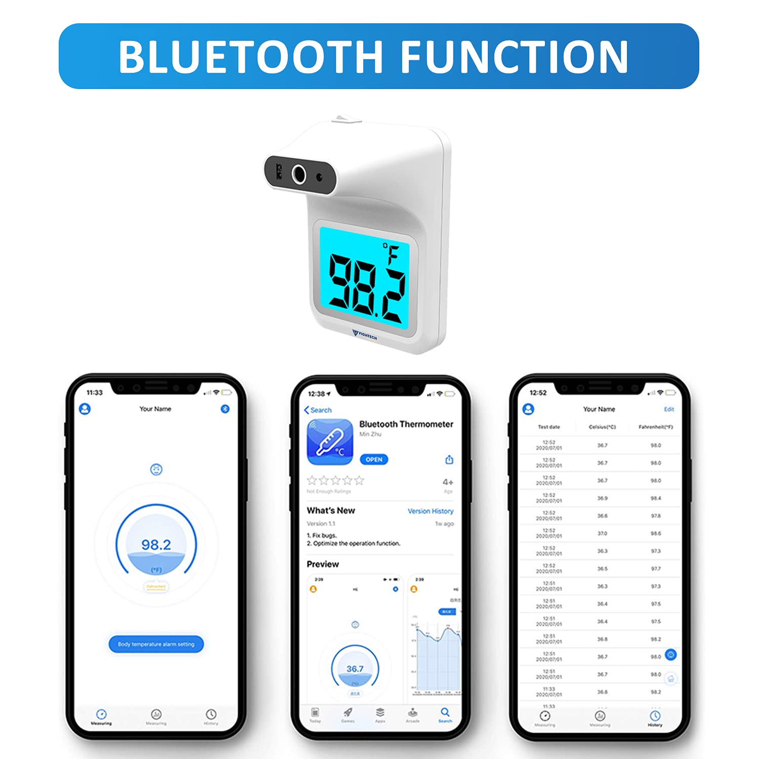 FIGHTECH. Termómetro de pared 2021 con soporte | Termómetro infrarrojo montado en la frente con trípode | Detector de temperatura digital Bluetooth sin contacto de lectura instantánea | Pilas incluidas (blanco). - Image 3