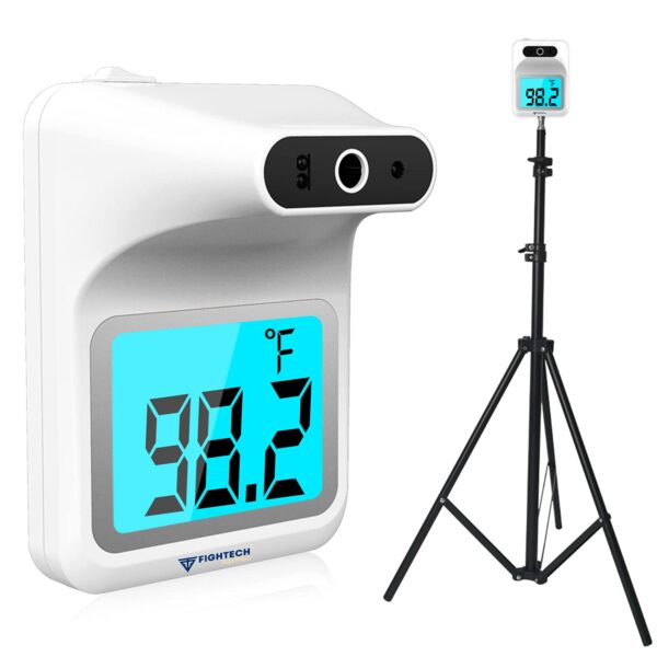 Termómetro de pared 2021 con soporte | Termómetro infrarrojo montado en la frente con trípode | Detector de temperatura digital Bluetooth sin contacto de lectura instantánea | Pilas incluidas (blanco).