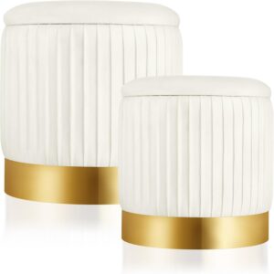 IBUYKE. 2 piezas otomanas de terciopelo con almacenamiento para recámara, color crema y redondo, otomana con base dorada, decoración del hogar, taburete tapizado suave, reposapiés acolchado, silla.