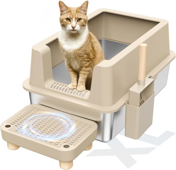 Caja de arena de acero inoxidable para gatos, caja de arena cerrada XL de metal con tapa para gatos grandes, lado alto, antifugas, fácil limpieza, antiadherente, cuchara y pasillo incluidos.